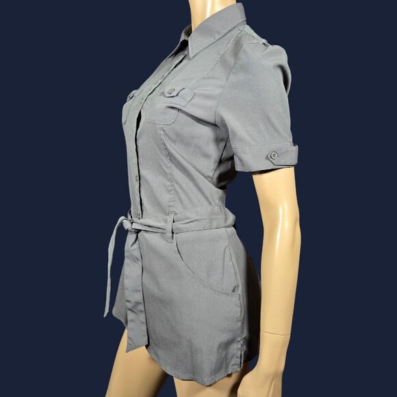 Y2K Belted Button Up Shirt Blouse Size M Grey Fitted Short Sleeve Utility Grunge - Picture 4 of 9